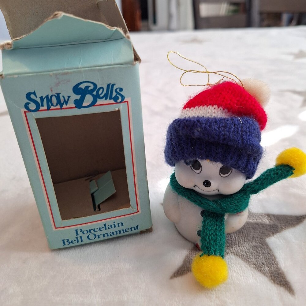 Snow Bells‎ Vintage Porcelain Bell Christmas Ornament By Giftco Scarf Hat